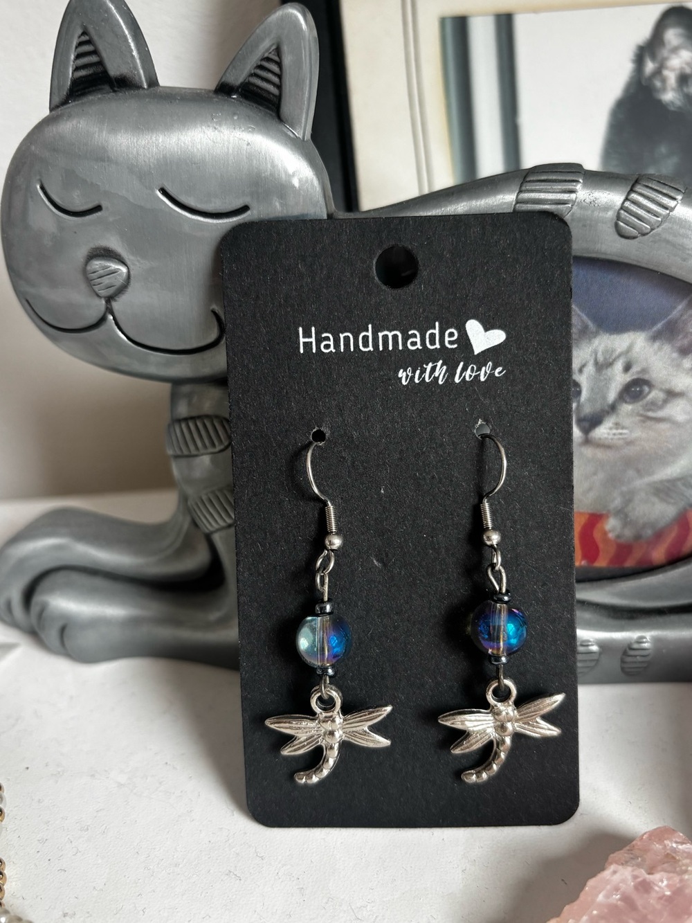 Handmade Blue Dragonfly Dangle Earrings